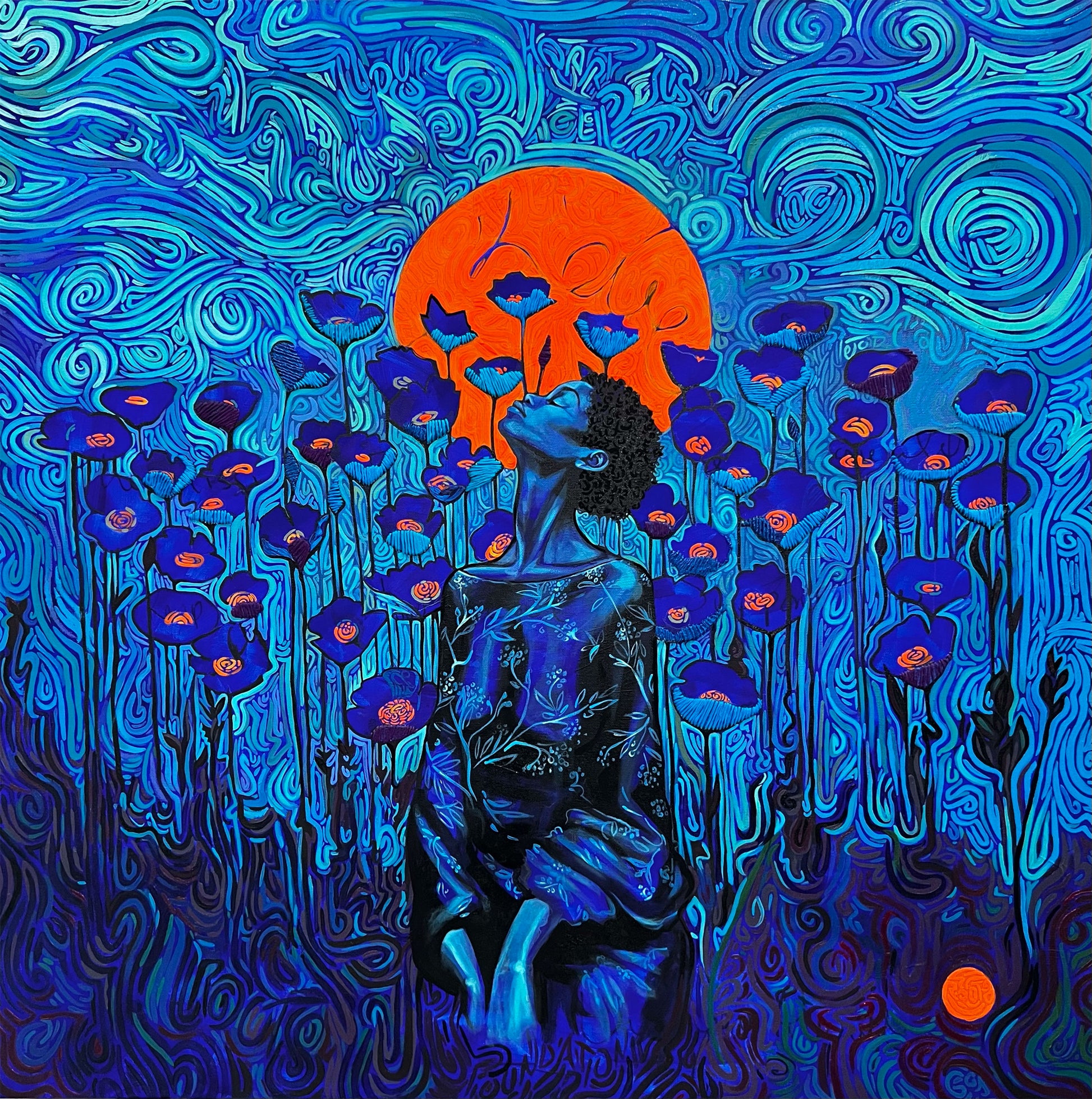 Artistic depiction of a person surrounded by blue flowers with orange centers under an orange moon.