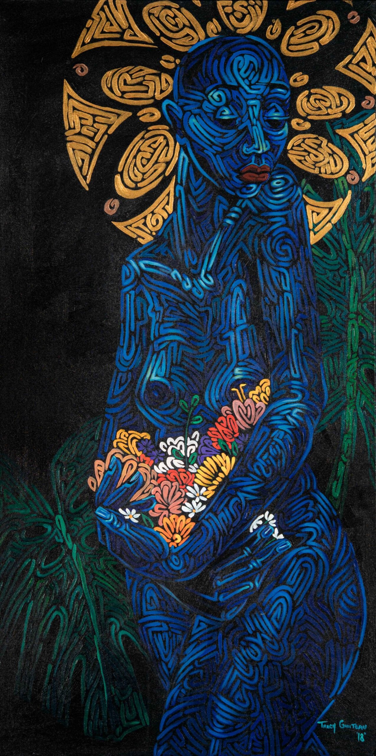 An original acrylic painting featuring a nude, cerulean lady with a radiant halo, cradling a bed of vibrant flowers. The background is dark with abstract patterns.