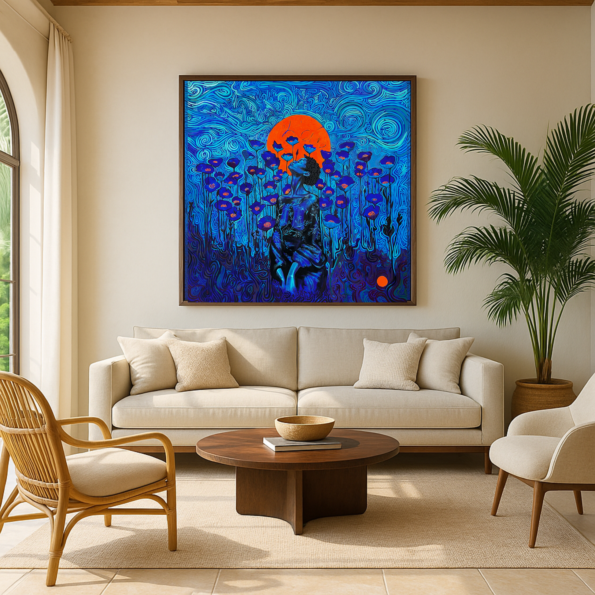 Evolution of Self by Tracy Guiteau – a 48x48 inch contemporary painting featuring a deep blue figure surrounded by vibrant red flowers beneath an orange sun, displayed in a modern luxury living room with neutral furniture.