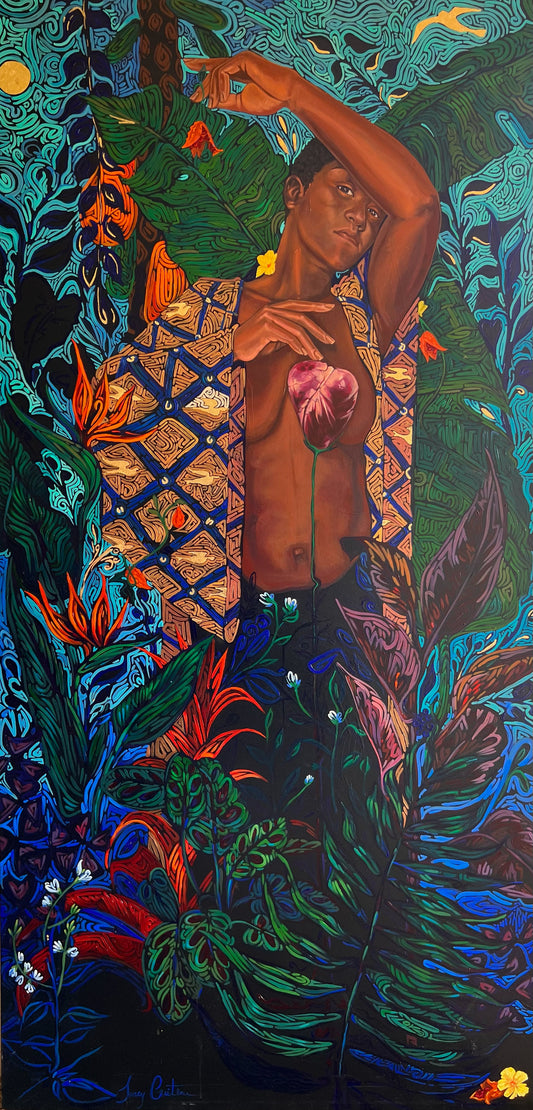 Artistic depiction of a person in a natural setting with vibrant colors and patterns.