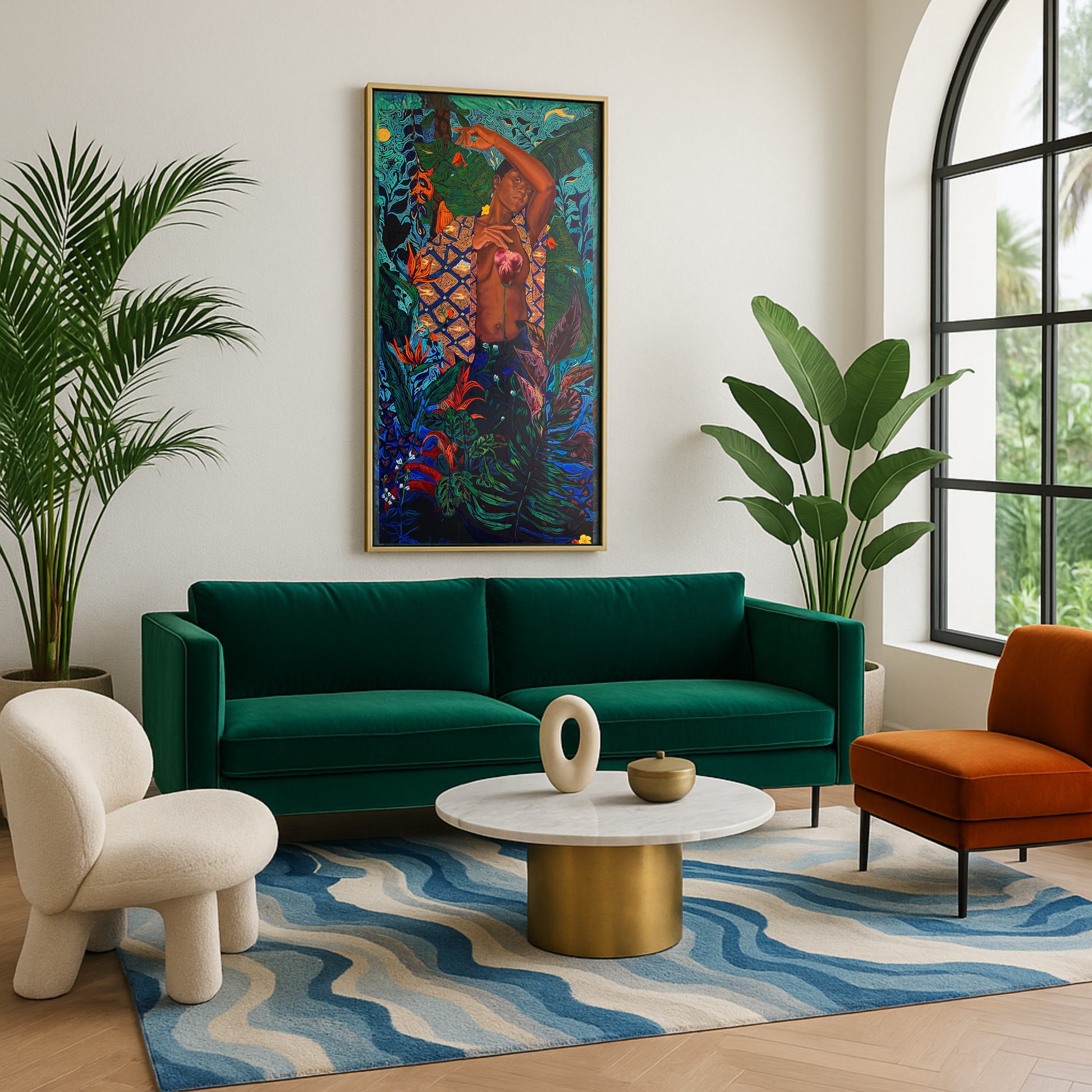 Modern living room with a green sofa, colorful painting, and decorative items.