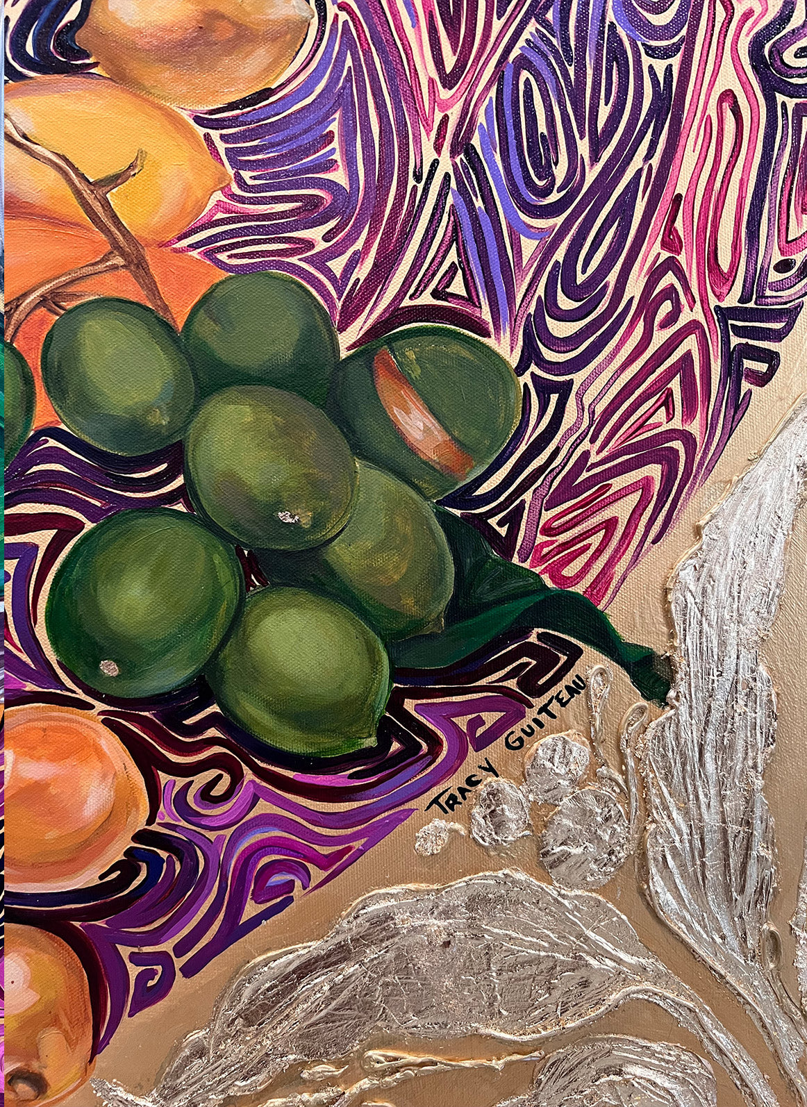 Mangoes, guinep, and the Hispaniolan Trogon bird featured in Repos by Tracy Guiteau, symbolizing Caribbean abundance and heritage.